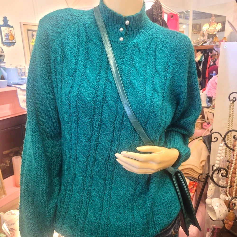 Women's 80s Teal Sweater With Pearl Buttons